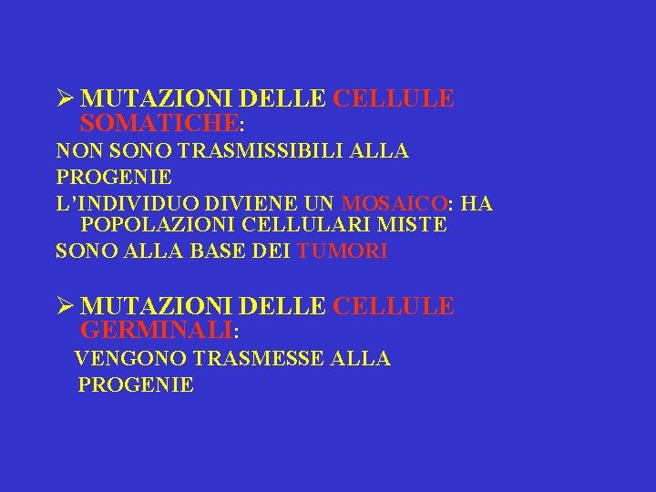 Ø MUTAZIONI DELLE CELLULE SOMATICHE: NON SONO TRASMISSIBILI ALLA PROGENIE L’INDIVIDUO DIVIENE UN MOSAICO: