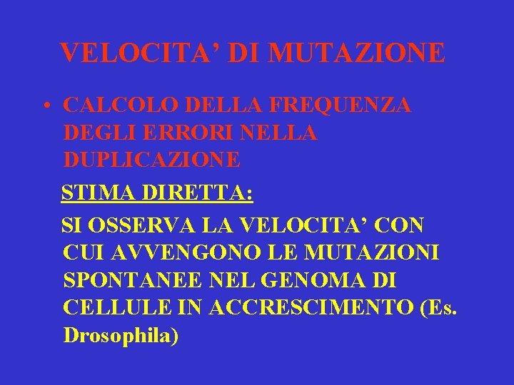 VELOCITA’ DI MUTAZIONE • CALCOLO DELLA FREQUENZA DEGLI ERRORI NELLA DUPLICAZIONE STIMA DIRETTA: SI