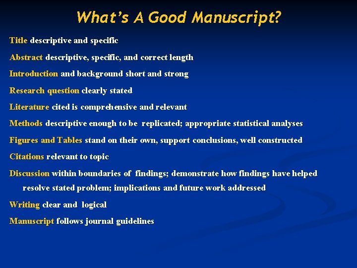 What’s A Good Manuscript? Title descriptive and specific Abstract descriptive, specific, and correct length