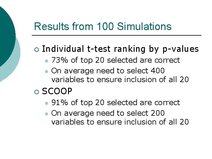Results from 100 Simulations ¡ Individual t-test ranking by p-values l l ¡ 73%