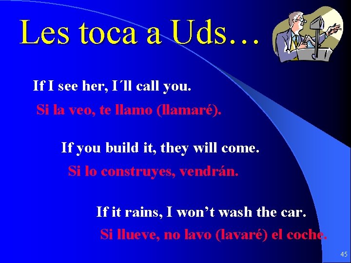 Les toca a Uds… If I see her, I´ll call you. Si la veo,