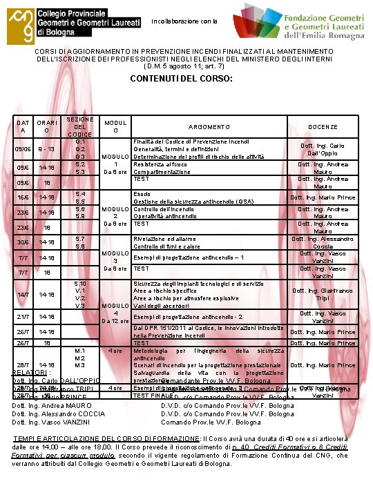 In collaborazione con la CORSI DI AGGIORNAMENTO IN PREVENZIONE INCENDI FINALIZZATI AL MANTENIMENTO DELL'ISCRIZIONE