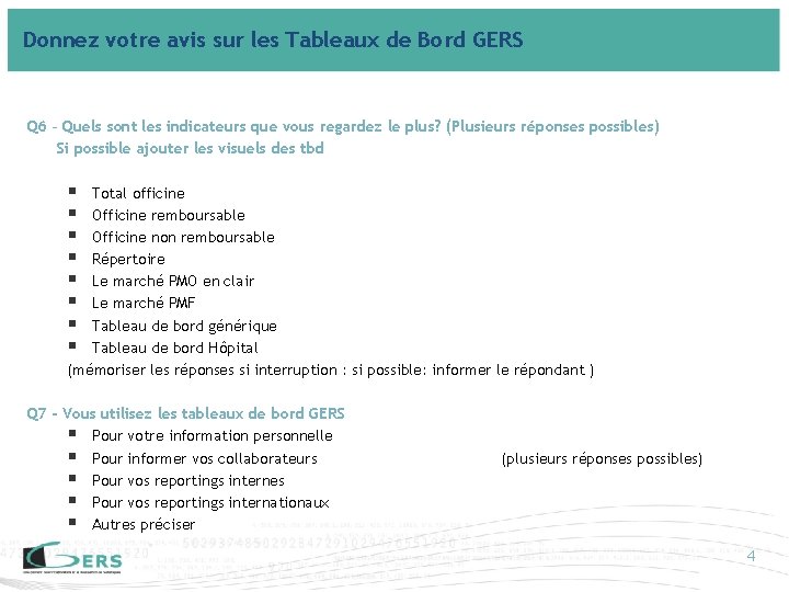 Donnez votre avis sur les Tableaux de Bord GERS Q 6 – Quels sont