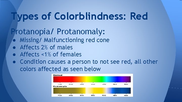 Types of Colorblindness: Red Protanopia/ Protanomaly: ● ● Missing/ Malfunctioning red cone Affects 2% Types of Colorblindness: Red Protanopia/ Protanomaly: ● ● Missing/ Malfunctioning red cone Affects 2%