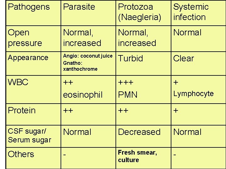 Pathogens Parasite Protozoa (Naegleria) Systemic infection Open pressure Normal, increased Normal Appearance Angio: coconut