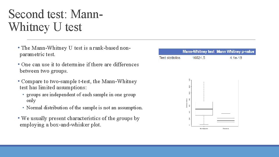 Second test: Mann. Whitney U test • The Mann-Whitney U test is a rank-based