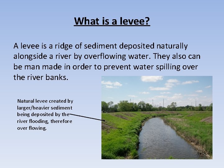 What is a levee? A levee is a ridge of sediment deposited naturally alongside