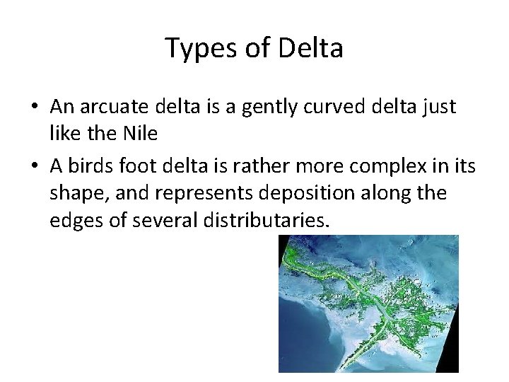 Types of Delta • An arcuate delta is a gently curved delta just like