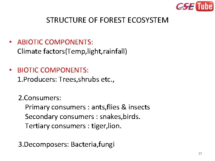 STRUCTURE OF FOREST ECOSYSTEM • ABIOTIC COMPONENTS: Climate factors(Temp, light, rainfall) • BIOTIC COMPONENTS: