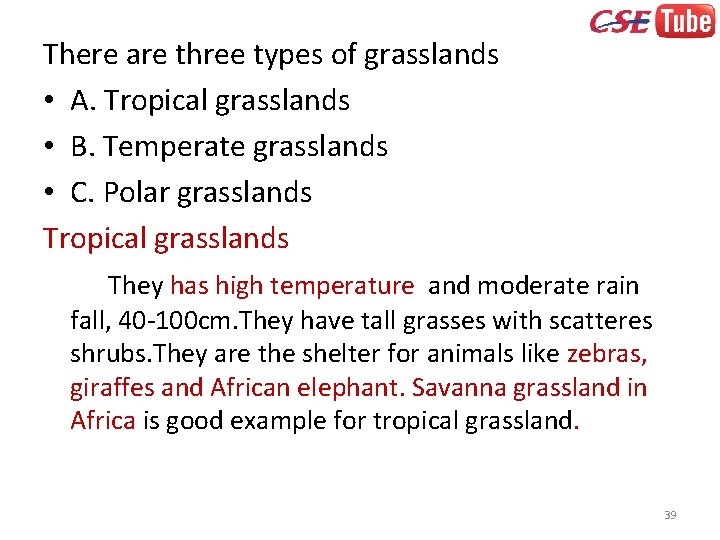 There are three types of grasslands • A. Tropical grasslands • B. Temperate grasslands