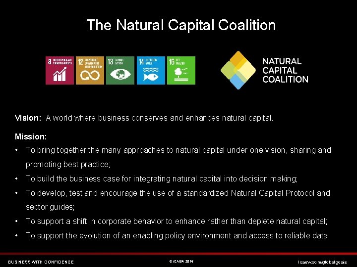 The Natural Capital Coalition Vision: A world where business conserves and enhances natural capital.