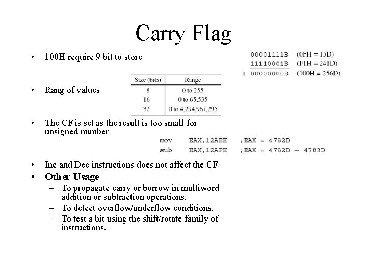 Carry Flag • 100 H require 9 bit to store • Rang of values Carry Flag • 100 H require 9 bit to store • Rang of values