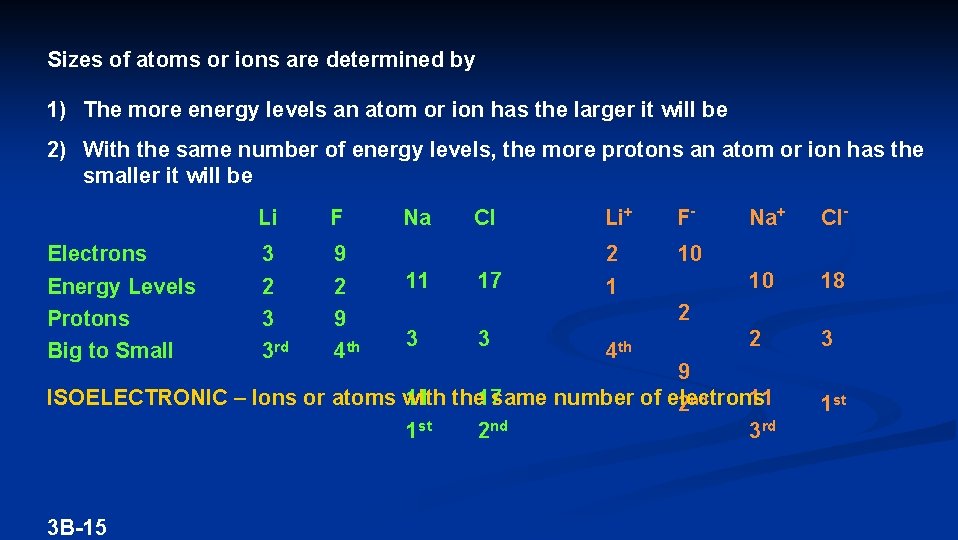 Sizes of atoms or ions are determined by 1) The more energy levels an