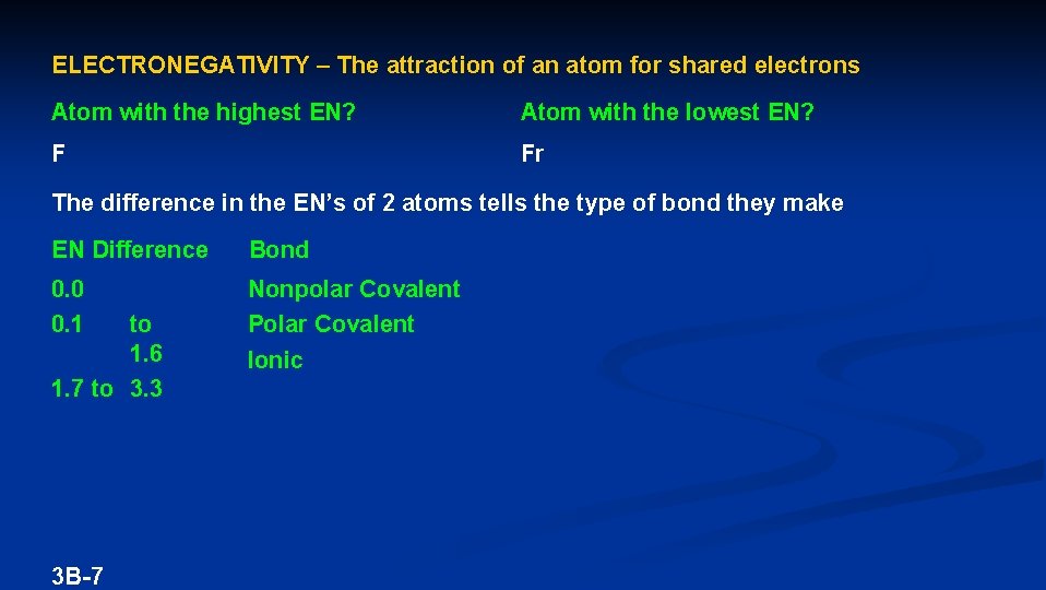 ELECTRONEGATIVITY – The attraction of an atom for shared electrons Atom with the highest