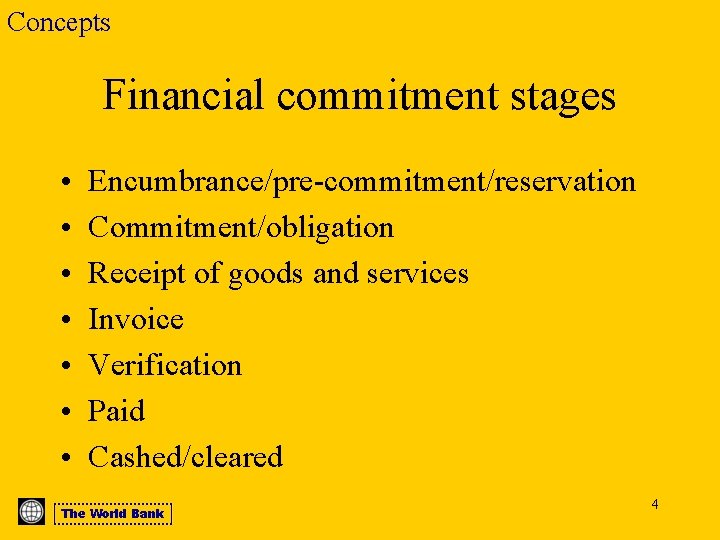 Concepts Financial commitment stages • • Encumbrance/pre-commitment/reservation Commitment/obligation Receipt of goods and services Invoice