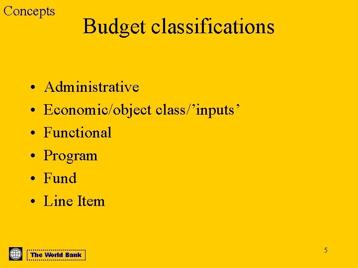 Concepts • • • Budget classifications Administrative Economic/object class/’inputs’ Functional Program Fund Line Item