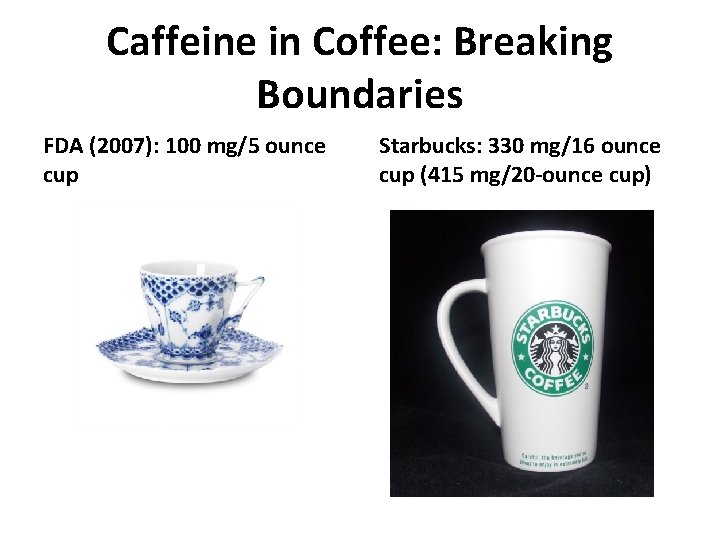 Caffeine in Coffee: Breaking Boundaries FDA (2007): 100 mg/5 ounce cup Starbucks: 330 mg/16