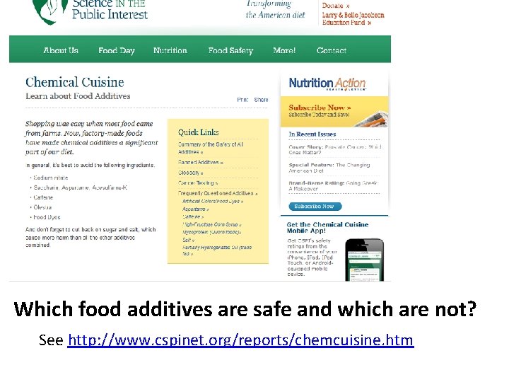 Which food additives are safe and which are not? See http: //www. cspinet. org/reports/chemcuisine.