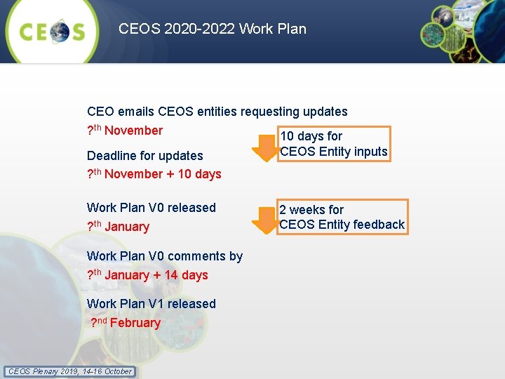 CEOS 2020 -2022 Work Plan CEO emails CEOS entities requesting updates ? th November