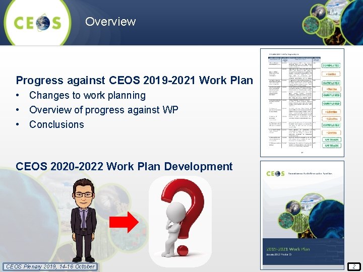 Overview Progress against CEOS 2019 -2021 Work Plan • Changes to work planning •