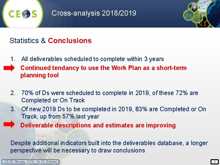 Cross-analysis 2018/2019 Statistics & Conclusions 1. All deliverables scheduled to complete within 3 years