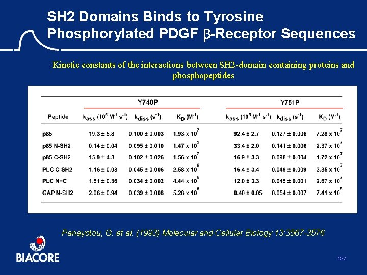 SH 2 Domains Binds to Tyrosine Phosphorylated PDGF b-Receptor Sequences Kinetic constants of the