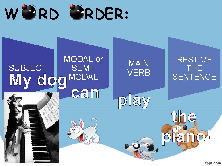 W RD SUBJECT RDER: MODAL or SEMIMODAL My dog can MAIN VERB play REST