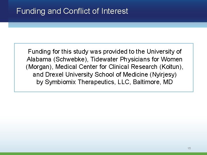 Funding and Conflict of Interest Funding for this study was provided to the University