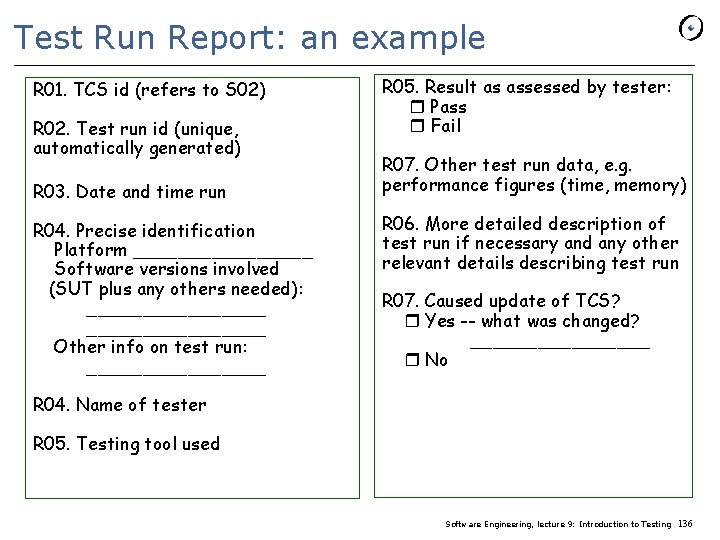 Test Run Report: an example R 01. TCS id (refers to S 02) R