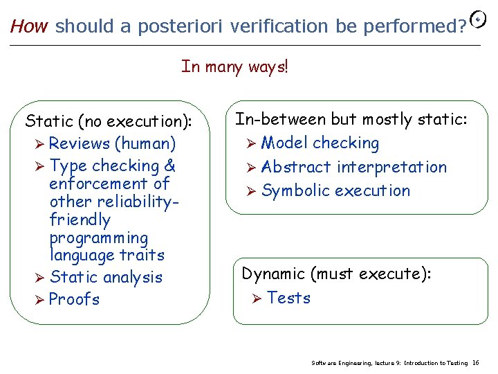 How should a posteriori verification be performed? In many ways! Static (no execution): Ø