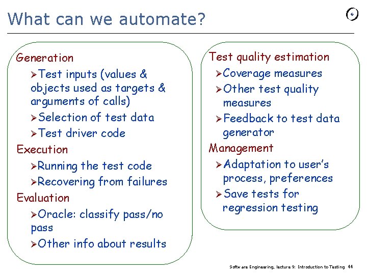 What can we automate? Generation ØTest inputs (values & objects used as targets &