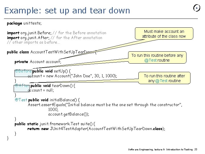 Example: set up and tear down package unittests; import org. junit. Before; // for