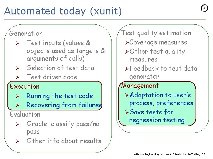 Automated today (xunit) Generation Ø Test inputs (values & objects used as targets &