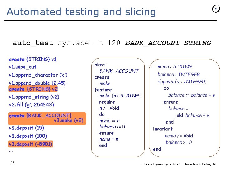 Automated testing and slicing auto_test sys. ace –t 120 BANK_ACCOUNT STRING create {STRING} v