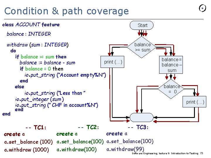 Condition & path coverage class ACCOUNT feature Start balance : INTEGER withdraw (sum :