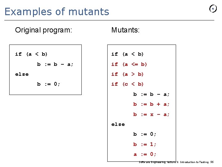 Examples of mutants Original program: Mutants: if (a < b) b : = b