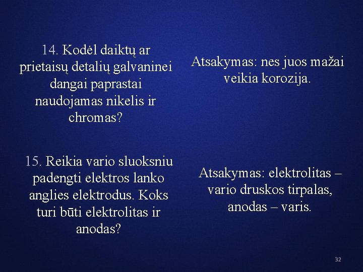 14. Kodėl daiktų ar prietaisų detalių galvaninei dangai paprastai naudojamas nikelis ir chromas? 15.