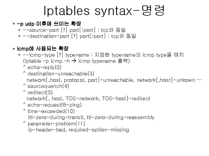 Iptables syntax-명령 * -p udp 이후에 쓰이는 확장 + --source-port [!] port[: port] :