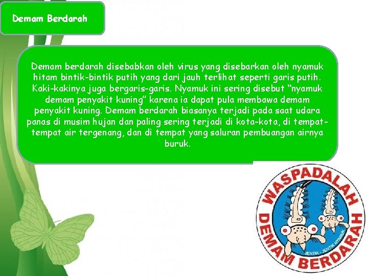 Demam Berdarah Demam berdarah disebabkan oleh virus yang disebarkan oleh nyamuk hitam bintik-bintik putih