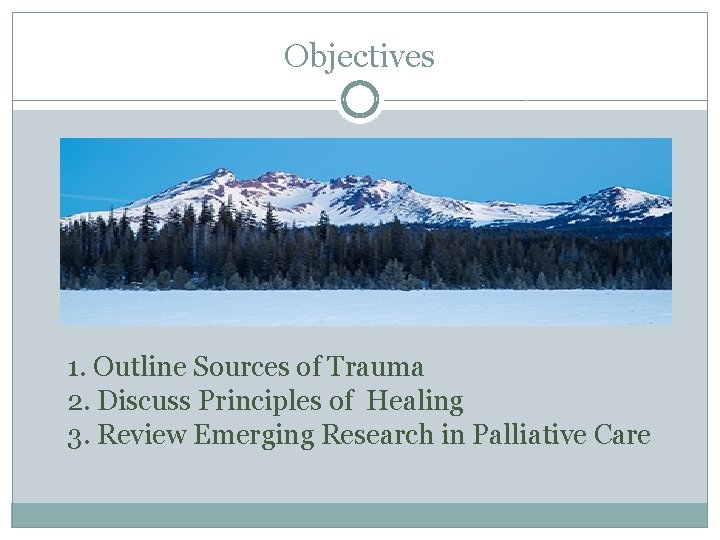 Objectives 1. Outline Sources of Trauma 2. Discuss Principles of Healing 3. Review Emerging