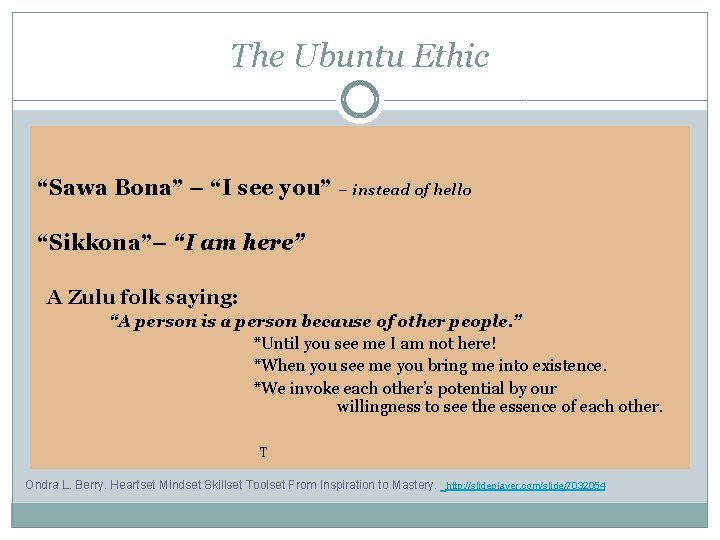 The Ubuntu Ethic “Sawa Bona” – “I see you” – instead of hello “Sikkona”–