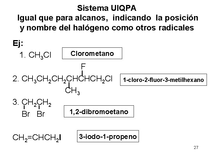Sistema UIQPA Igual que para alcanos, indicando la posición y nombre del halógeno como