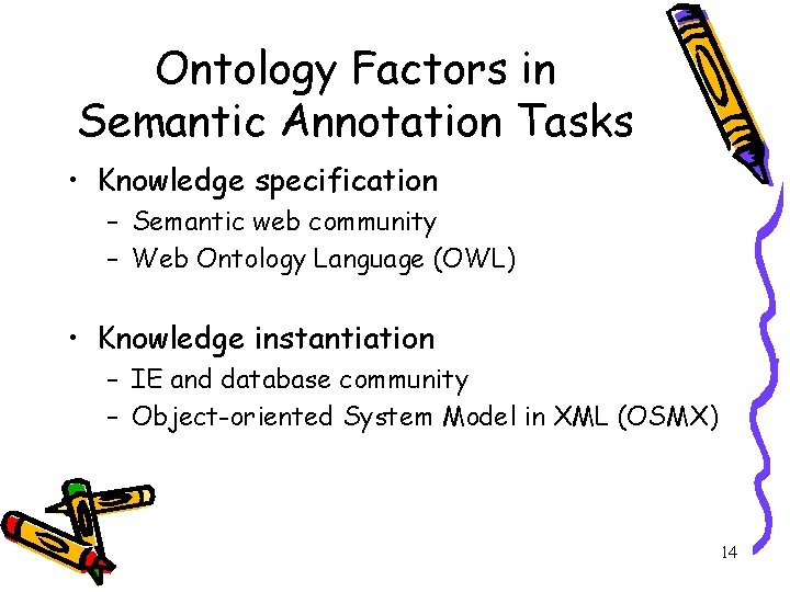 Ontology Factors in Semantic Annotation Tasks • Knowledge specification – Semantic web community –