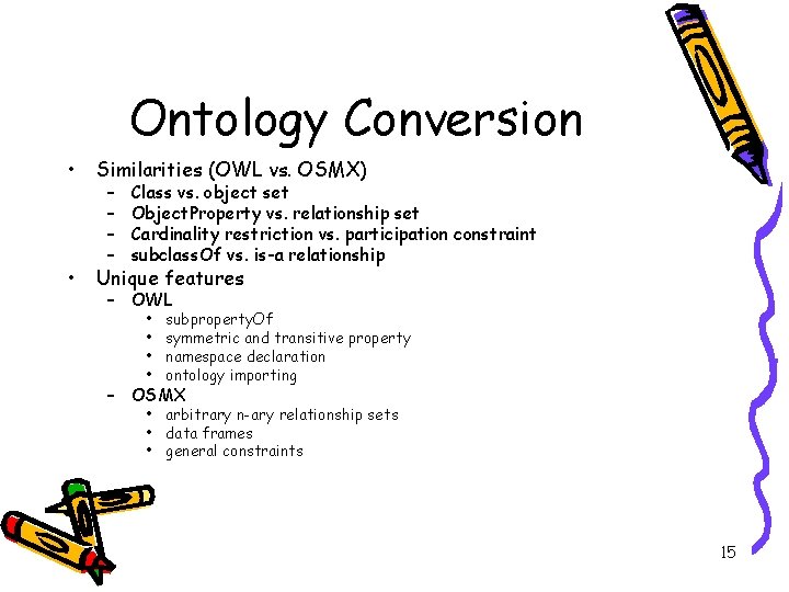 Ontology Conversion • Similarities (OWL vs. OSMX) • Unique features – – Class vs.