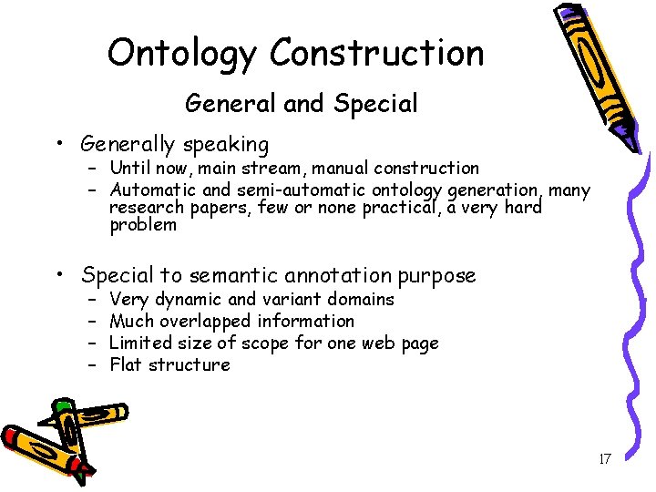 Ontology Construction General and Special • Generally speaking – Until now, main stream, manual