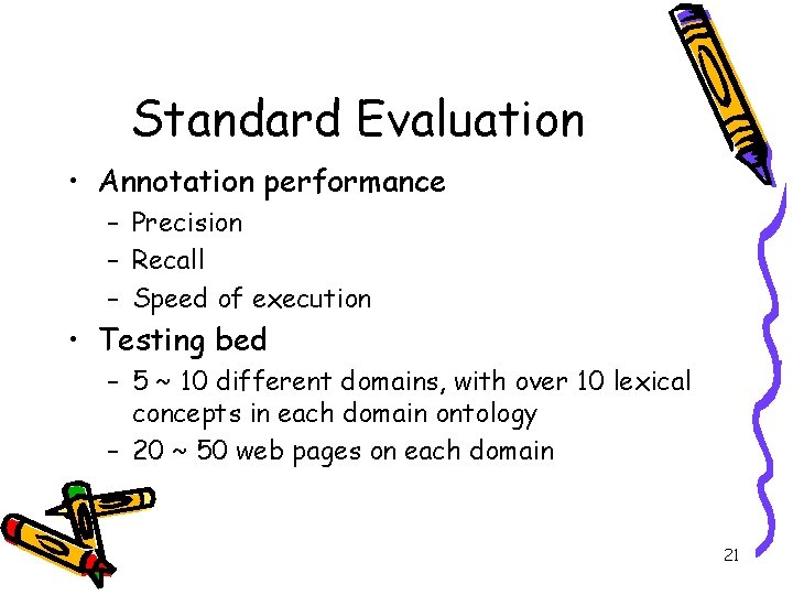 Standard Evaluation • Annotation performance – Precision – Recall – Speed of execution •