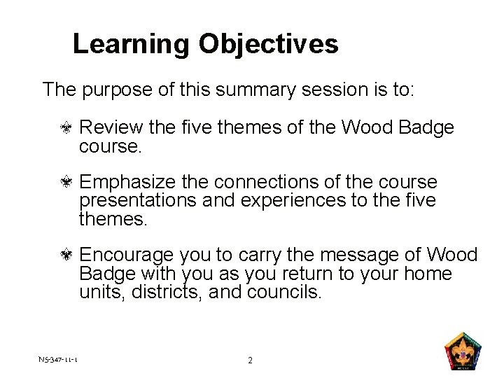 Learning Objectives The purpose of this summary session is to: Review the five themes