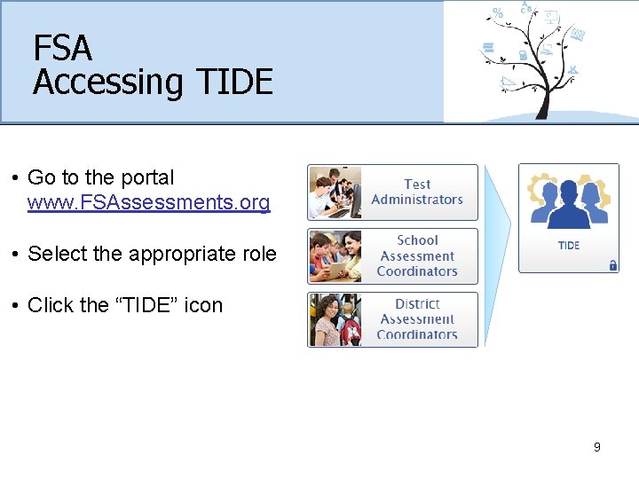 FSA Accessing TIDE • Go to the portal www. FSAssessments. org • Select the