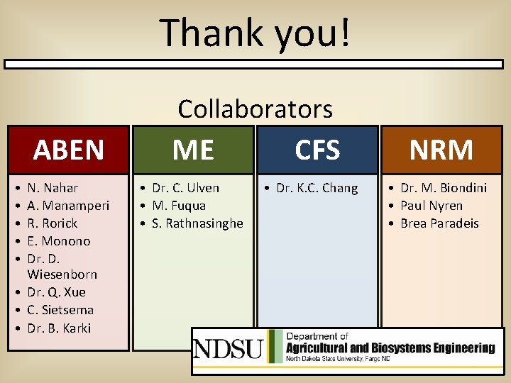 Thank you! Collaborators ABEN • • • N. Nahar A. Manamperi R. Rorick E.