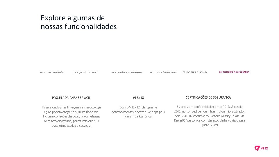 Explore algumas de nossas funcionalidades 01. ÚLTIMAS INOVAÇÕES 02. AQUISIÇÃO DE CLIENTES 03. EXPERIÊNCIA Explore algumas de nossas funcionalidades 01. ÚLTIMAS INOVAÇÕES 02. AQUISIÇÃO DE CLIENTES 03. EXPERIÊNCIA